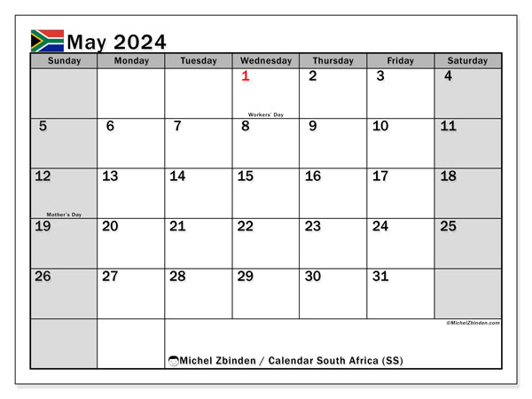 Kalender Mai 2024, Südafrika (EN). Programm zum Ausdrucken kostenlos.