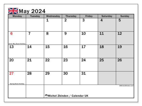 Calendario maggio 2024, Regno Unito (EN). Programma da stampare gratuito.