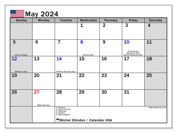 Kalender Mai 2024, USA (EN). Programm zum Ausdrucken kostenlos.