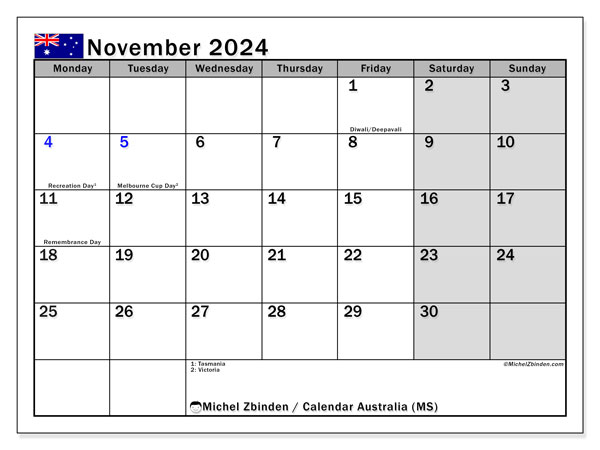 Calendario novembre 2024, Australia (EN). Piano da stampare gratuito.