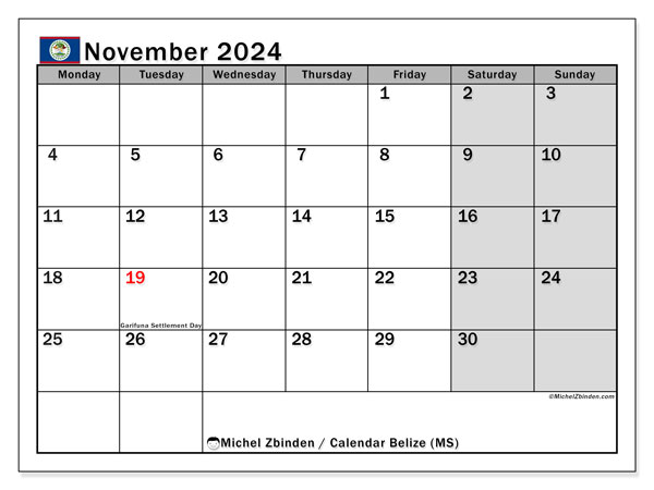 Kalender November 2024, Belize (EN). Kalender zum Ausdrucken kostenlos.