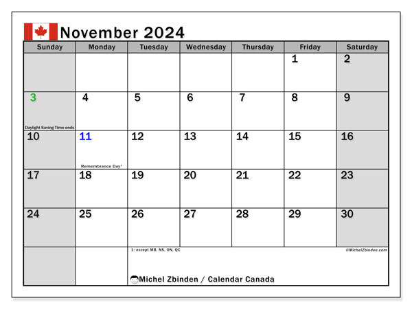 Calendario novembre 2024, Canada (EN). Piano da stampare gratuito.