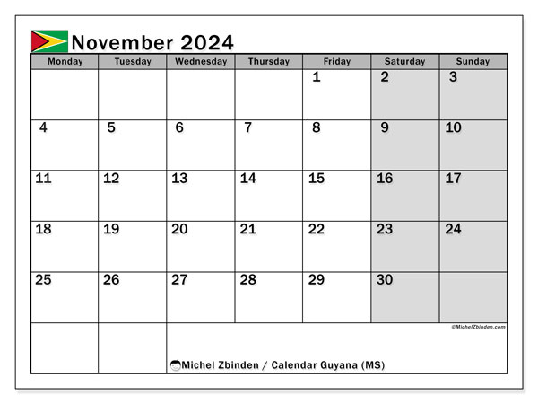 Calendario novembre 2024, Guyana (EN). Piano da stampare gratuito.