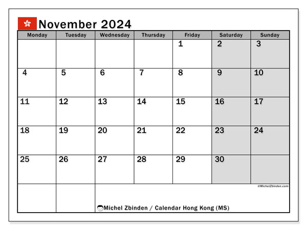 Calendario novembre 2024, Hong Kong (EN). Piano da stampare gratuito.