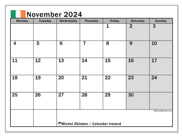 Kalender November 2024, Irland (EN). Kalender zum Ausdrucken kostenlos.