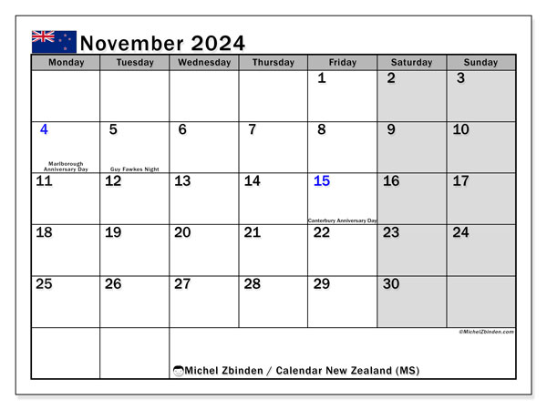 Calendario novembre 2024, Nuova Zelanda (EN). Piano da stampare gratuito.
