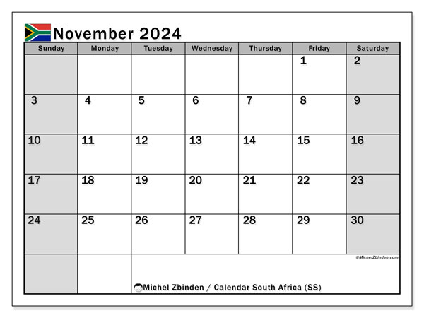 Calendario novembre 2024, Sudafrica (EN). Piano da stampare gratuito.