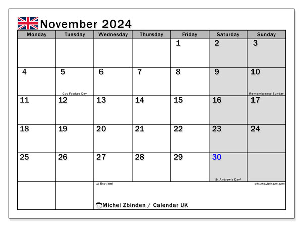 Calendario novembre 2024, Regno Unito (EN). Piano da stampare gratuito.