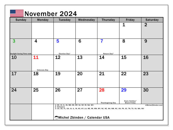 Calendario novembre 2024, Stati Uniti (EN). Piano da stampare gratuito.