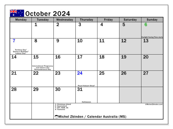 Kalender Oktober 2024, Australien (EN). Plan zum Ausdrucken kostenlos.