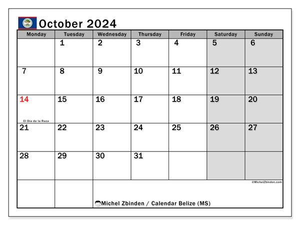 Kalender Oktober 2024, Belize (EN). Plan zum Ausdrucken kostenlos.