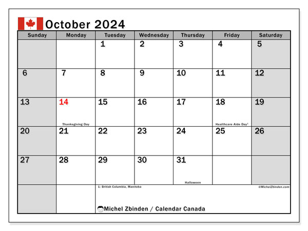 Calendario ottobre 2024, Canada (EN). Programma da stampare gratuito.