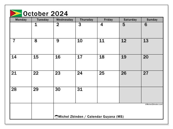 Kalender Oktober 2024, Guyana (EN). Plan zum Ausdrucken kostenlos.