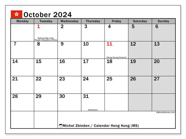 Kalender Oktober 2024, Hongkong (EN). Plan zum Ausdrucken kostenlos.