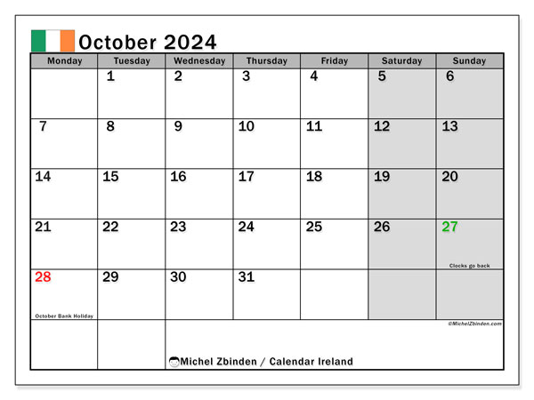 Kalender Oktober 2024, Irland (EN). Plan zum Ausdrucken kostenlos.