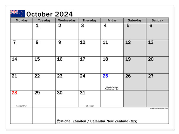 Kalender Oktober 2024, Neuseeland (EN). Plan zum Ausdrucken kostenlos.