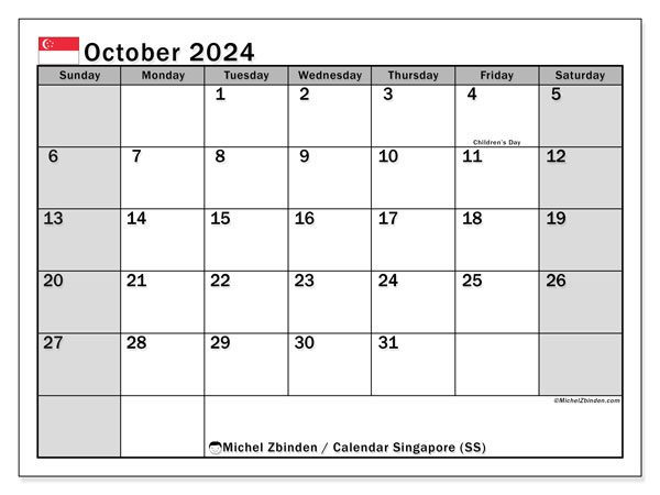 Kalender Oktober 2024, Singapur (EN). Plan zum Ausdrucken kostenlos.