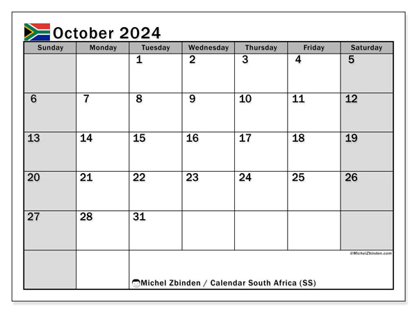 Kalender Oktober 2024, Südafrika (EN). Plan zum Ausdrucken kostenlos.