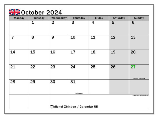 Kalender Oktober 2024, UK (EN). Plan zum Ausdrucken kostenlos.