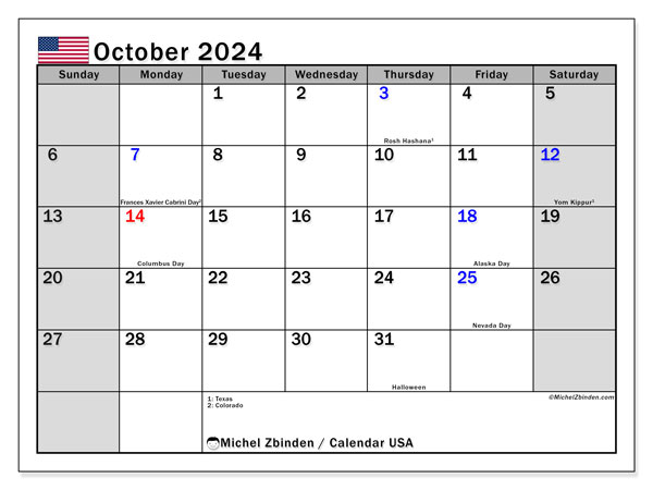 Kalender Oktober 2024, USA (EN). Plan zum Ausdrucken kostenlos.