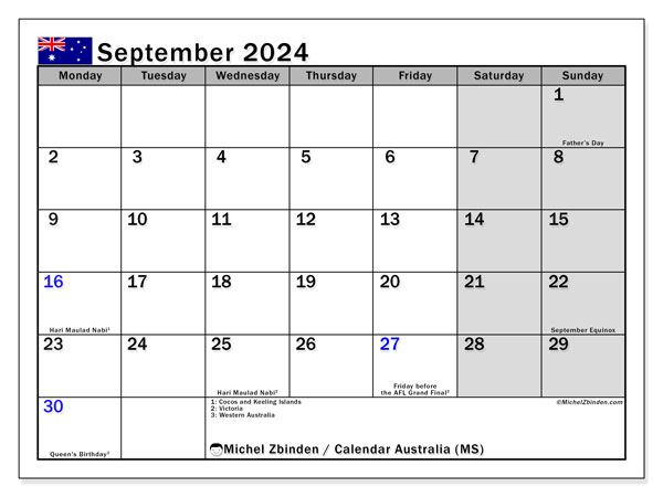 Kalender September 2024, Australien (EN). Plan zum Ausdrucken kostenlos.