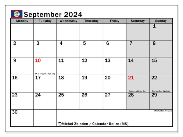 Calendario settembre 2024, Belize (EN). Programma da stampare gratuito.