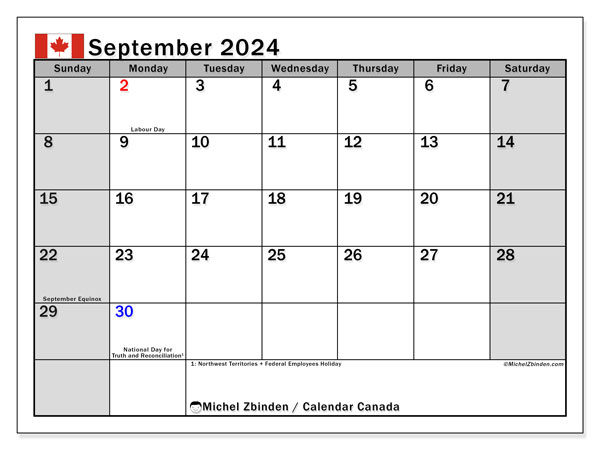 Kalender September 2024, Kanada (EN). Plan zum Ausdrucken kostenlos.