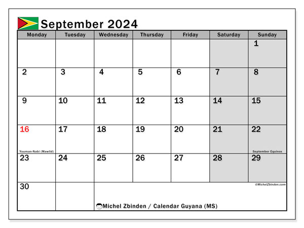 Kalender September 2024, Guyana (EN). Plan zum Ausdrucken kostenlos.