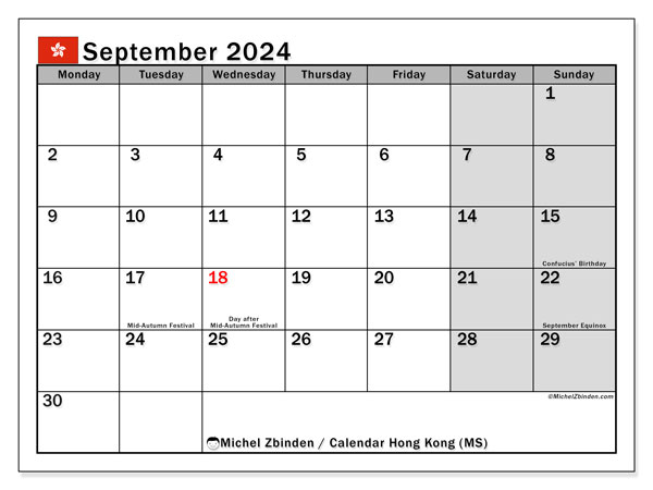 Calendario settembre 2024, Hong Kong (EN). Programma da stampare gratuito.