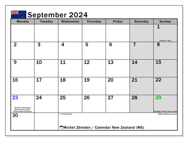 Kalender September 2024, Neuseeland (EN). Plan zum Ausdrucken kostenlos.