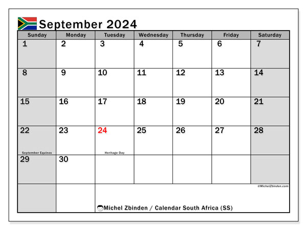 Kalender September 2024, Südafrika (EN). Plan zum Ausdrucken kostenlos.