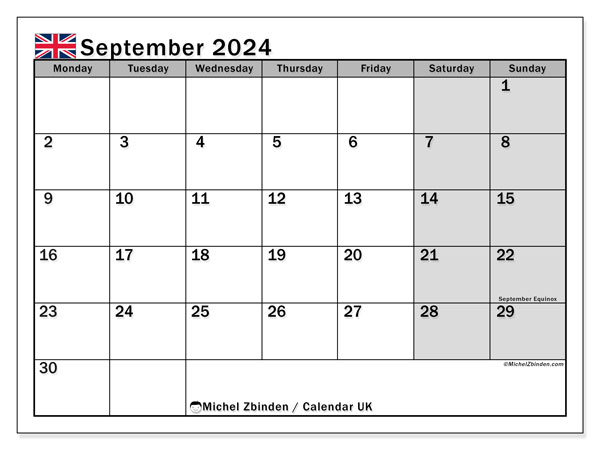 Kalender September 2024, UK (EN). Plan zum Ausdrucken kostenlos.