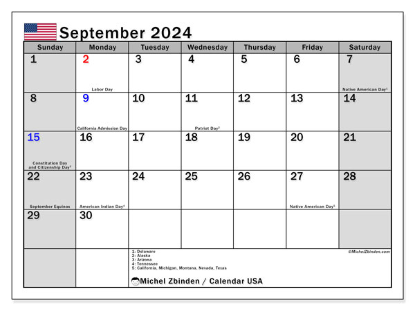 Calendario settembre 2024, Stati Uniti (EN). Programma da stampare gratuito.
