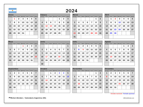 Calendario 2024, Argentina (ES). Orario da stampare gratuito.