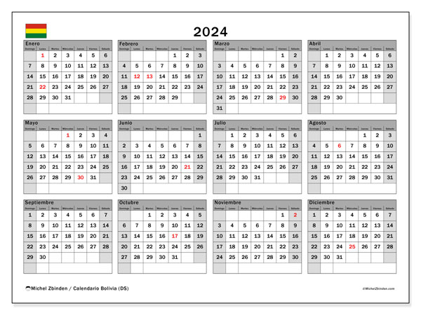 Kalender 2024, Bolivien (ES). Plan zum Ausdrucken kostenlos.