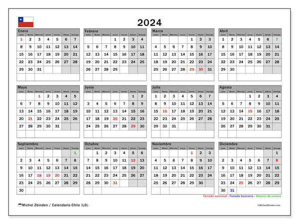 Kalender 2024, Chile (ES). Plan zum Ausdrucken kostenlos.