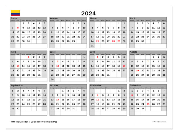 Kalender 2024, Kolumbien (ES). Plan zum Ausdrucken kostenlos.