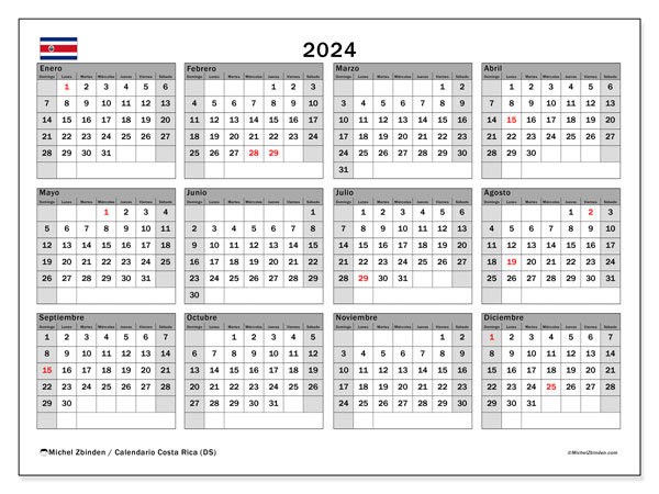 Calendario 2024, Costa Rica (ES). Orario da stampare gratuito.
