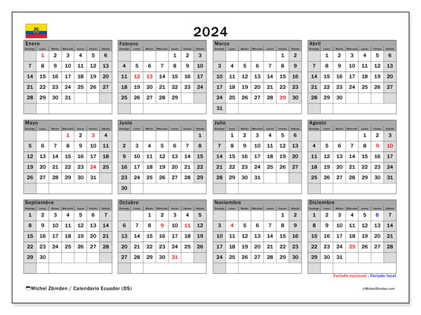 Calendario 2024, Ecuador (ES). Orario da stampare gratuito.