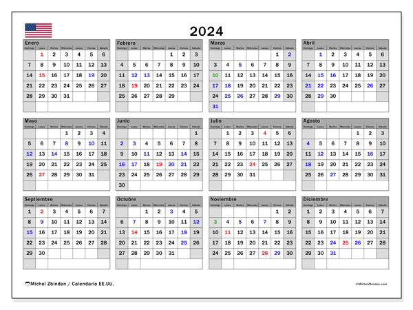Calendario 2024, Stati Uniti (ES). Orario da stampare gratuito.