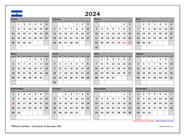 Kalender 2024, El Salvador (ES). Plan zum Ausdrucken kostenlos.
