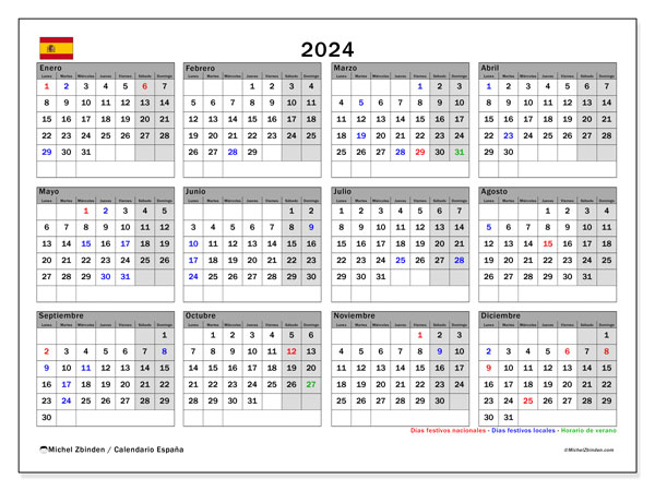 Calendario 2024, Spagna (ES). Orario da stampare gratuito.