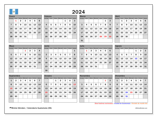 Calendario 2024, Guatemala (ES). Orario da stampare gratuito.
