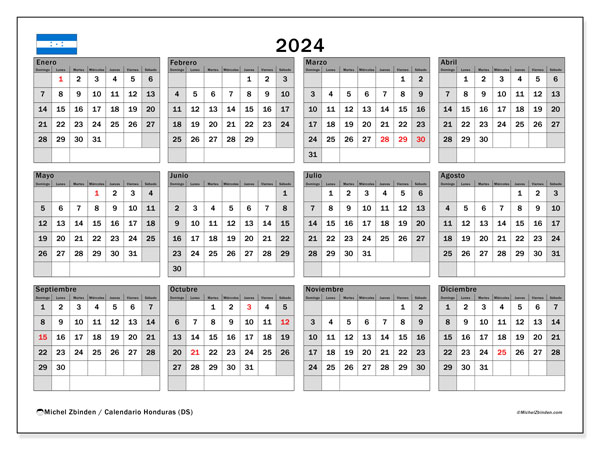 Calendario 2024, Honduras (ES). Orario da stampare gratuito.