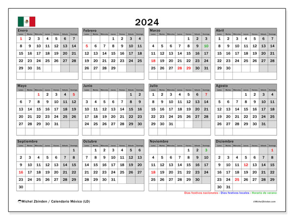Kalender 2024, Mexiko (ES). Plan zum Ausdrucken kostenlos.