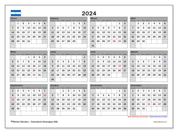 Calendario 2024, Nicaragua (ES). Orario da stampare gratuito.