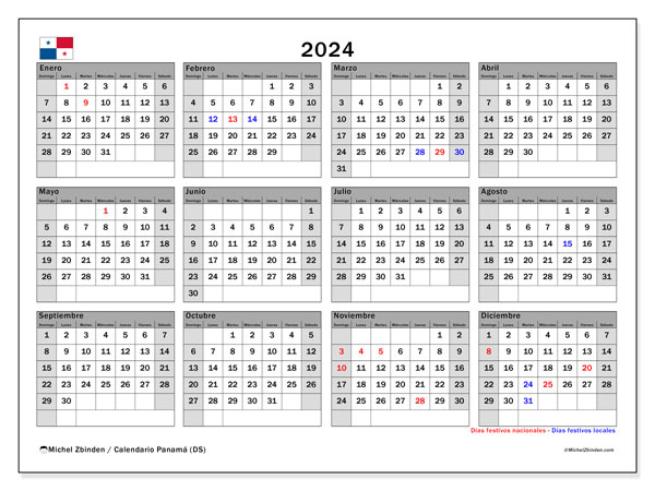 Calendario 2024, Panama (ES). Orario da stampare gratuito.