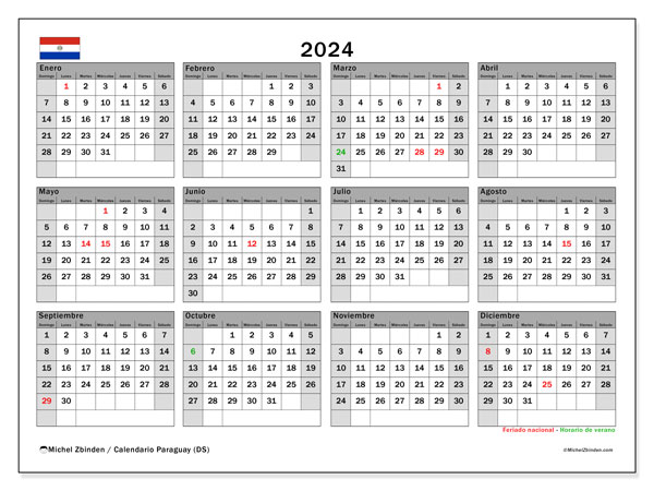 Calendario 2024, Paraguay (ES). Orario da stampare gratuito.