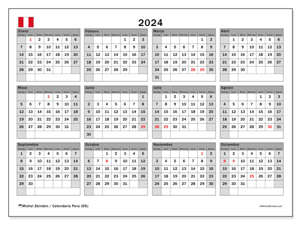 Calendario 2024, Perù (ES). Orario da stampare gratuito.