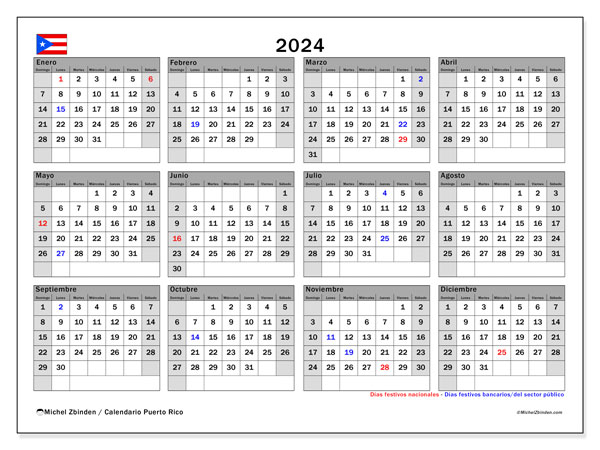 Calendario 2024, Porto Rico (ES). Orario da stampare gratuito.
